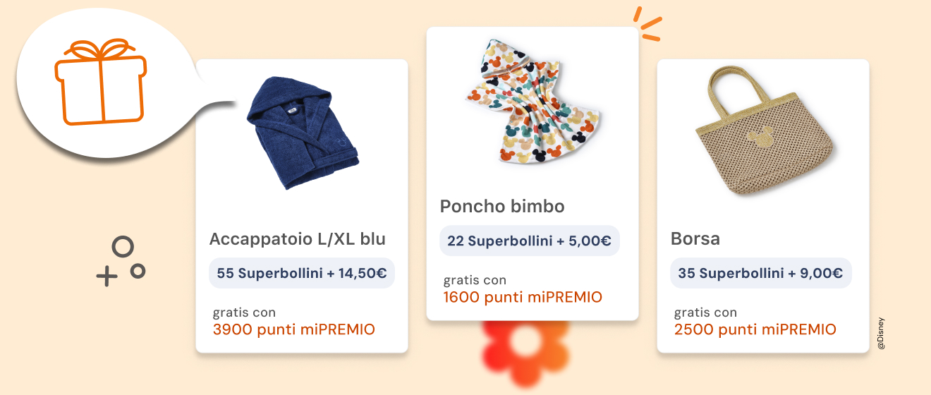 Esempi di premi dei Cataloghi e Collezioni, tra cui accappatoio, poncho bambino e borsa.