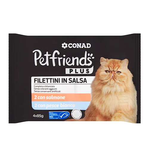 Petfriends Plus Filettini in Salsa 2 con salmone, 2 con pesce bianco 4 x 85 g