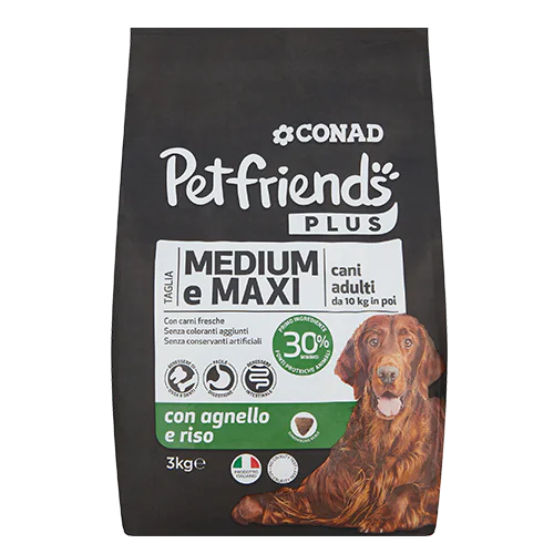 Petfriends Plus Taglia Medium e Maxi cani adulti da 10 kg con agnello e riso