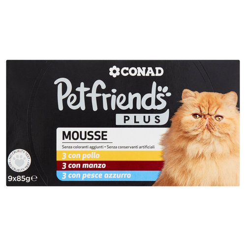 CONAD Petfriends Plus Mousse 3 con pollo, 3 con manzo, 3 con pesce azzurro 9 x 85 g-image